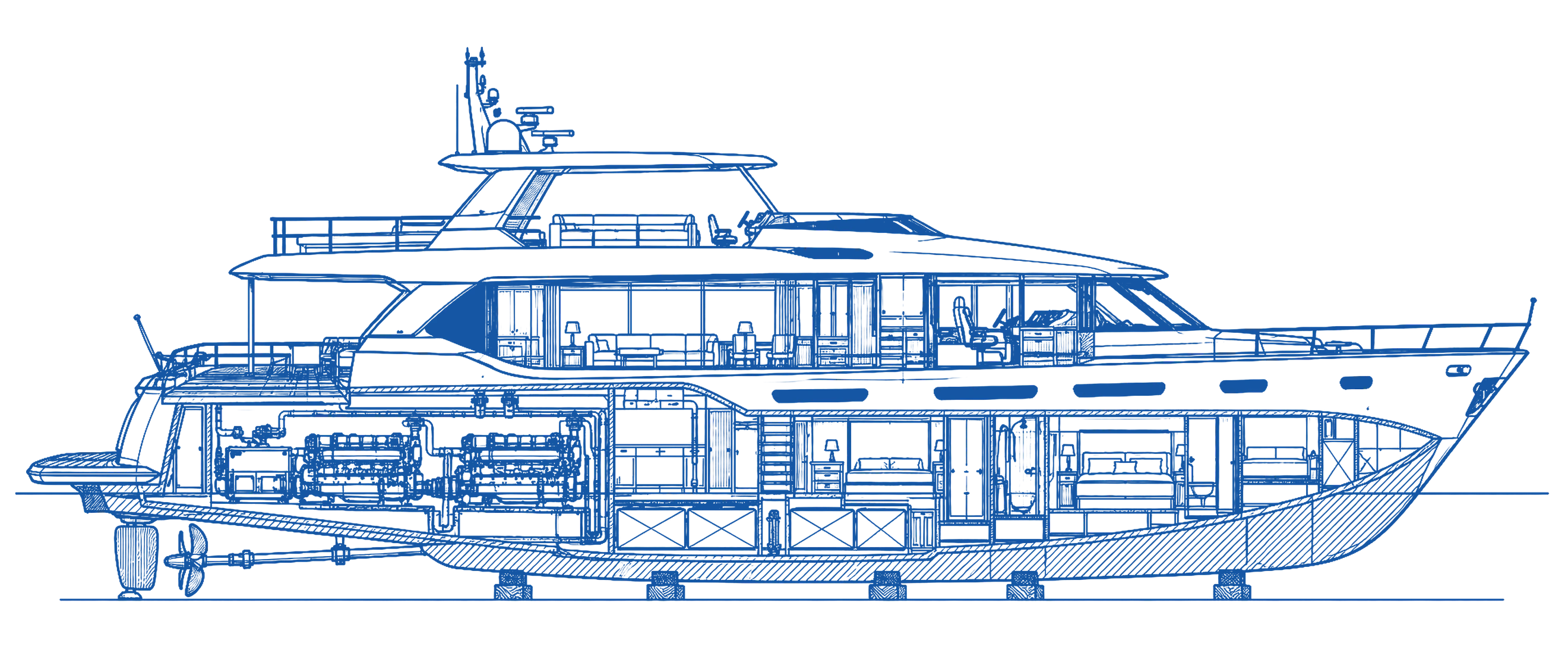Cutaway drawing of a motor yacht showing where each of our services applies