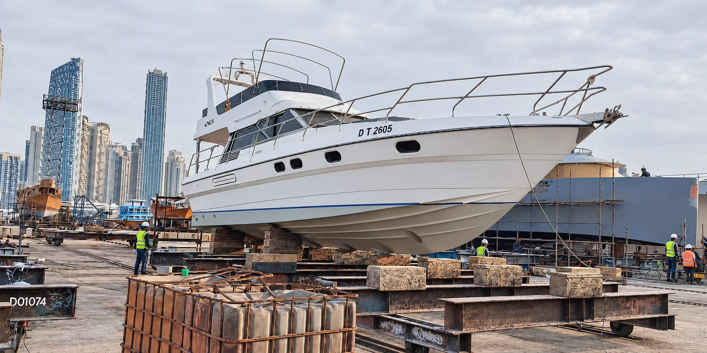 Flybridge yacht on the hardstand