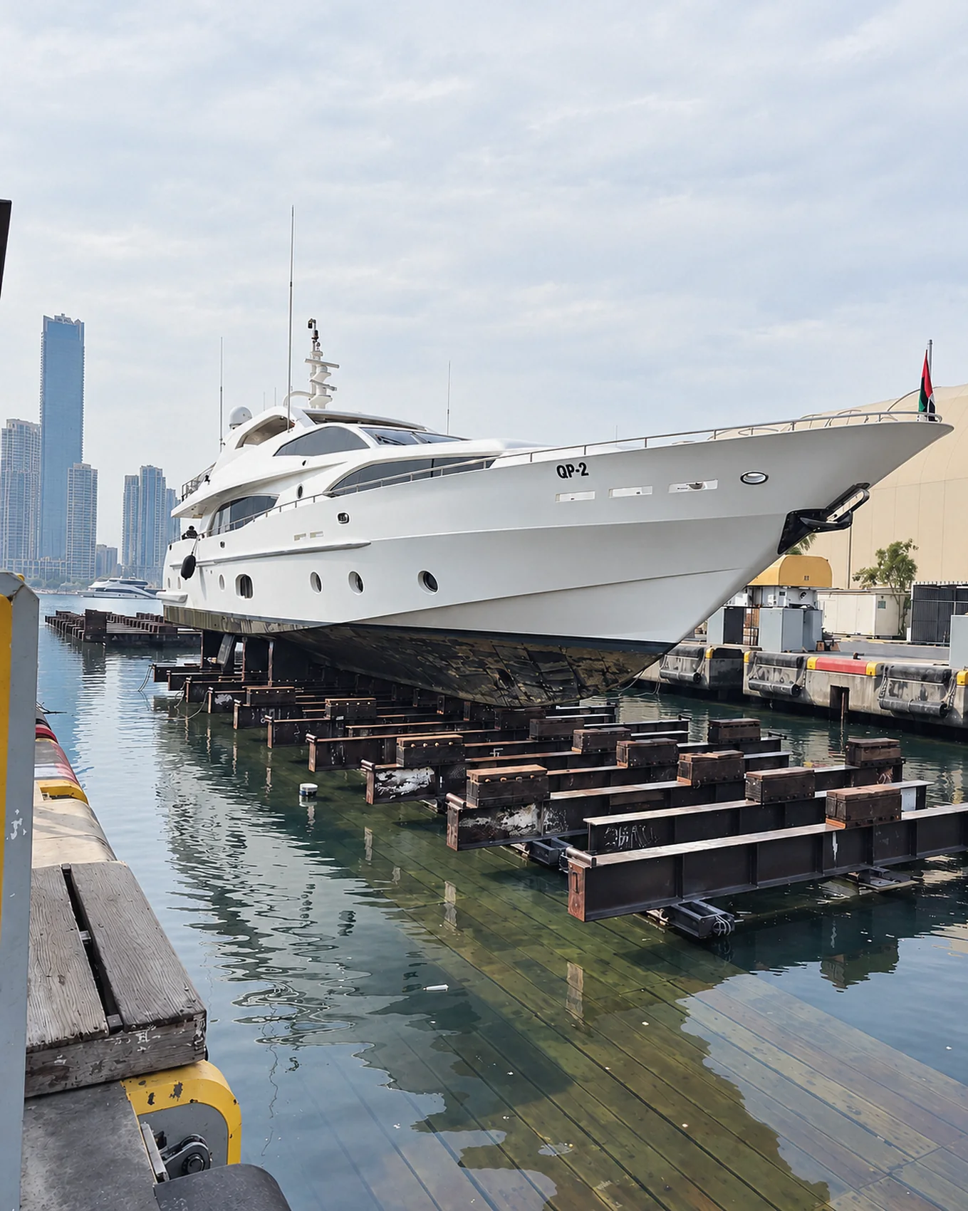 Motor yacht on the slipway at Dubai Maritime City