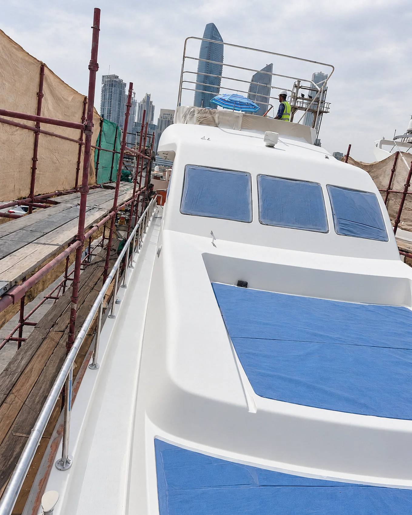 Superstructure paintwork under scaffold